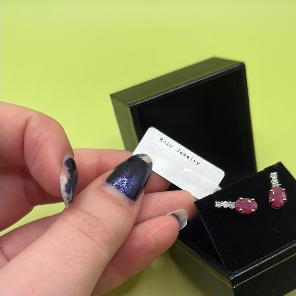 Genuine 14K Gold Ruby and Diamond Stud Earrings - Picture 6 of 10